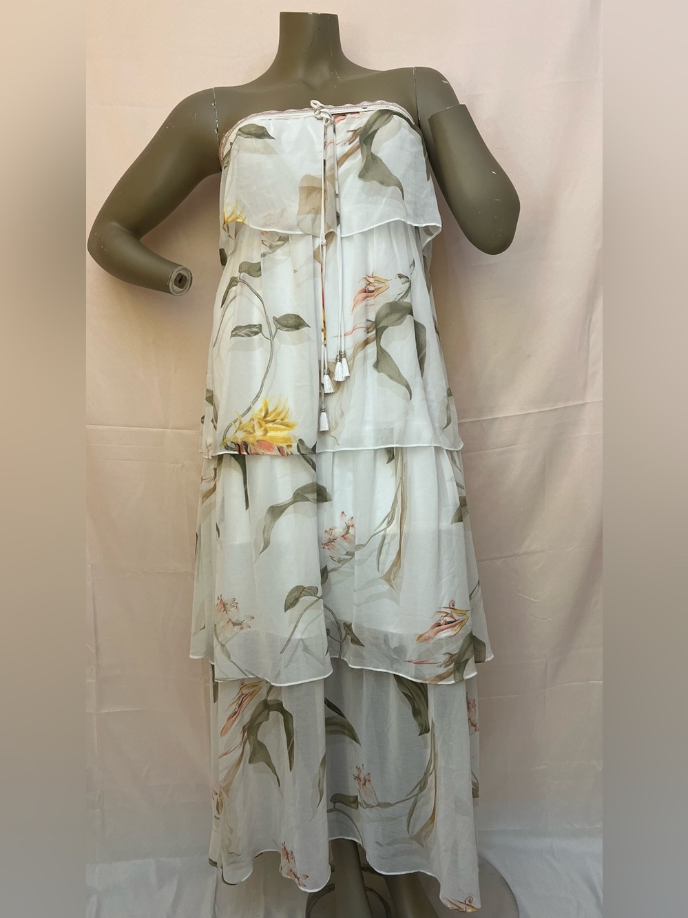 White House Black Market Floral Tiered Maxi Dress in White and Green